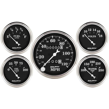 Auto Meter Gauge Kit 5 pc. 3 1/8in & 2 1/16in Mechanical Speedometer Old Tyme Black