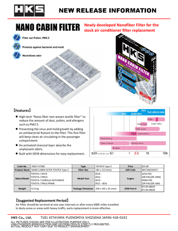 HKS 70027-AT003 Nano Cabin Filter fits Toyota Type3
